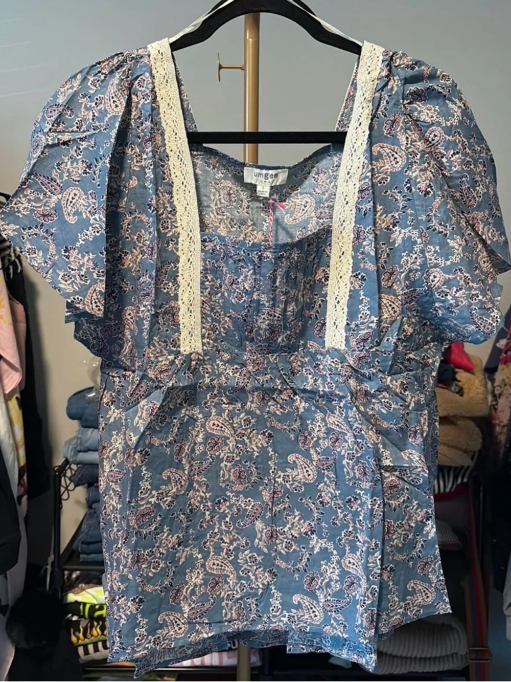 Umgee Paisley Print Top with Crocket Trim and Pintuck Details